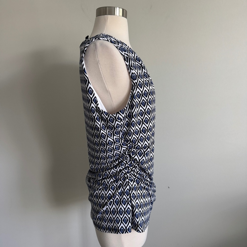 White House Black Market Blue Geometric Print Ruched V-Neck Blouse Large - Picture 4 of 6